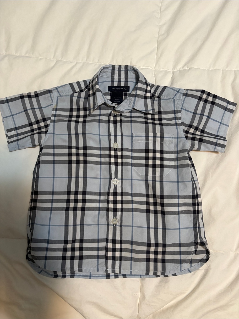 Burberry Light Blue and Black Plaid Short Sleeve Button-Down Shirt